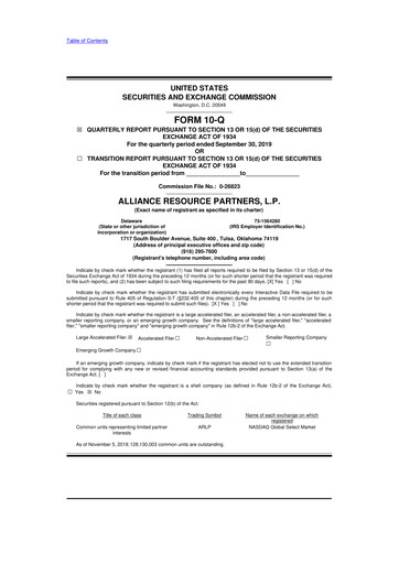 Miniature Alliance Resource Partners 10-Q Rapport trimestriel  