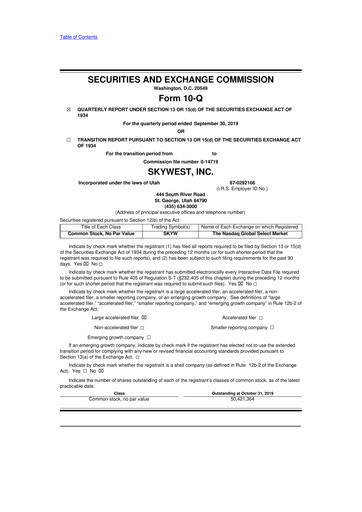 Thumbnail SkyWest 10-Q Quarterly Report FY2019 
