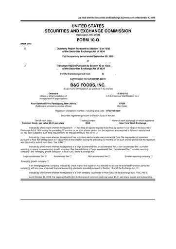 Miniature B&G Foods

 10-Q Rapport trimestriel 2019 