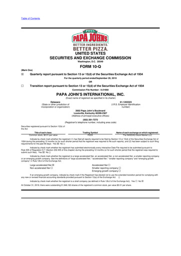 Miniature Papa John's Pizza
 10-Q Rapport trimestriel  