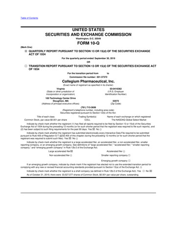 Miniature Collegium Pharmaceutical
 10-Q Rapport trimestriel 2019 