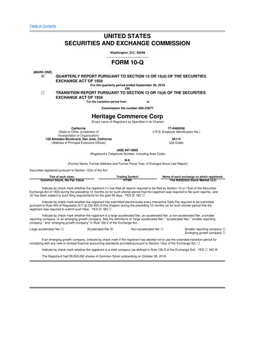 Thumbnail Heritage Commerce 10-Q Quarterly Report FY2019 