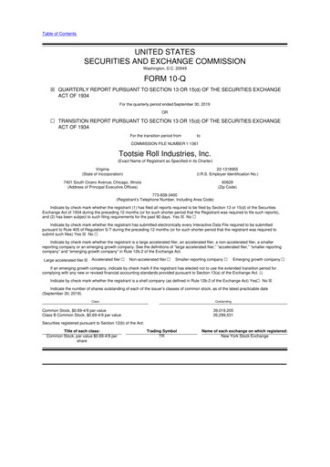 Thumbnail Tootsie Roll Industries
 10-Q Quarterly Report FY2019 