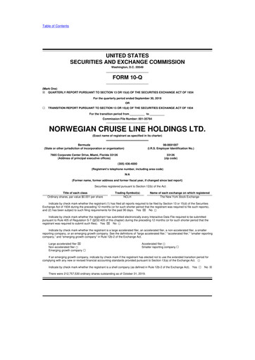 Thumbnail Norwegian Cruise Line
 10-Q Quarterly Report FY2019 