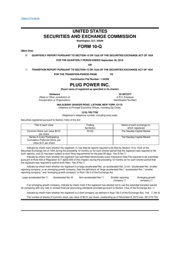 Thumbnail Plug Power 10-Q Quarterly Report FY 