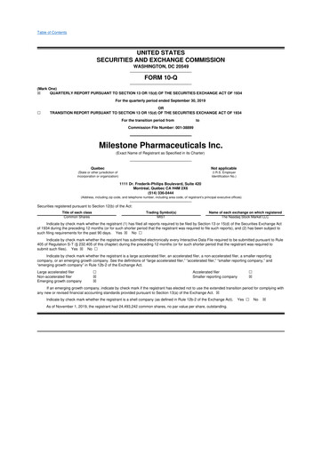Vorschaubild Milestone Pharmaceuticals
 10-Q Quartalsbericht 2019 