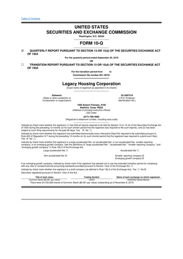 Thumbnail Legacy Housing Corporation 10-Q Quarterly Report FY2019 