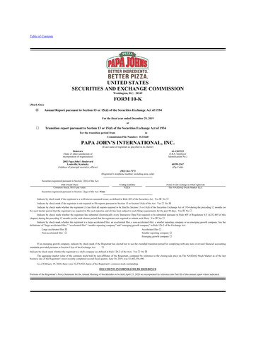 Thumbnail Papa John's Pizza
 10-K Annual Report 2019