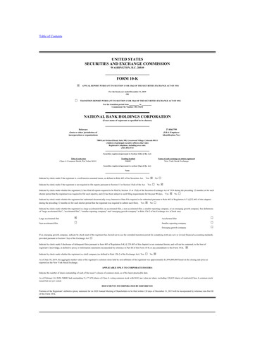 Thumbnail National Bank Holdings
 10-K Annual Report 2019