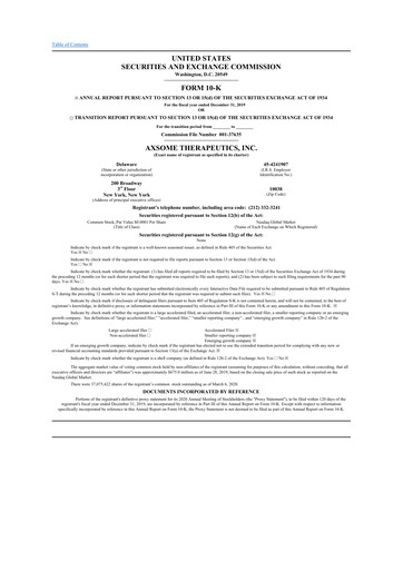 Vorschaubild Axsome Therapeutics
 10-K Jahresbericht 2019