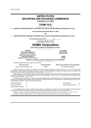 Thumbnail XOMA Royalty 10-Q Quarterly Report FY2020 