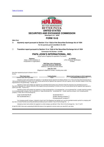 Miniature Papa John's Pizza
 10-Q Rapport trimestriel  