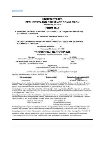 Thumbnail Territorial Bancorp
 10-Q Quarterly Report FY 
