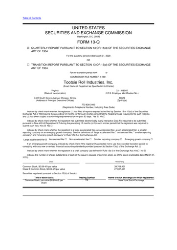 Thumbnail Tootsie Roll Industries
 10-Q Quarterly Report FY2020 