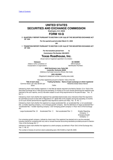 Thumbnail Texas Roadhouse
 10-Q Quarterly Report FY2020 