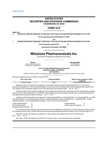 Vorschaubild Milestone Pharmaceuticals
 10-Q Quartalsbericht 2020 
