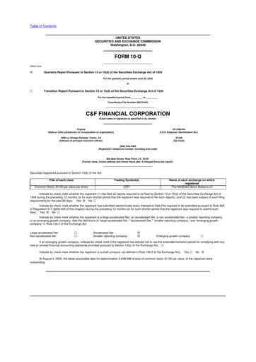 Thumbnail C&F Financial Corporation

 10-Q Quarterly Report FY 