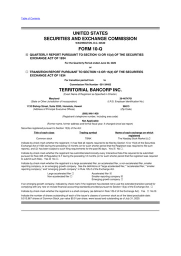 Thumbnail Territorial Bancorp
 10-Q Quarterly Report FY 