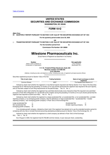 Vorschaubild Milestone Pharmaceuticals
 10-Q Quartalsbericht 2020 