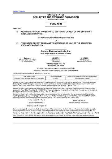 Thumbnail Corvus Pharmaceuticals
 10-Q Quarterly Report FY 