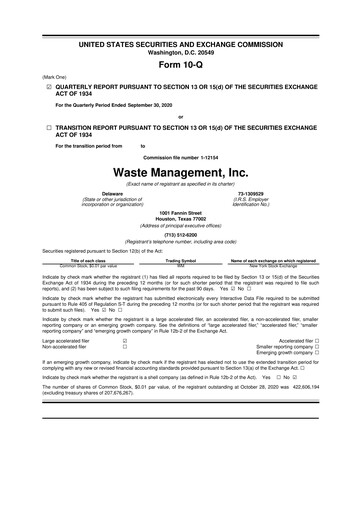 Thumbnail Waste Management 10-Q Quarterly Report FY2020 
