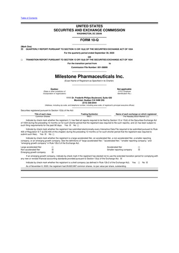 Vorschaubild Milestone Pharmaceuticals
 10-Q Quartalsbericht 2020 