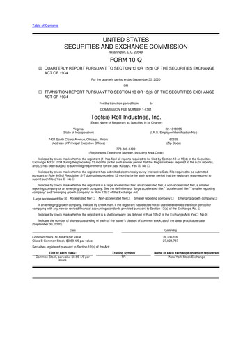 Thumbnail Tootsie Roll Industries
 10-Q Quarterly Report FY2020 