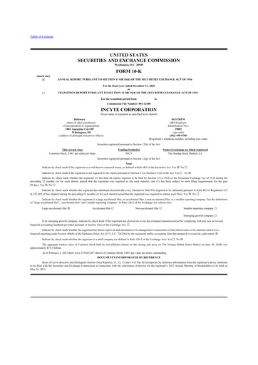 Thumbnail Incyte 10-K Annual Report 2020