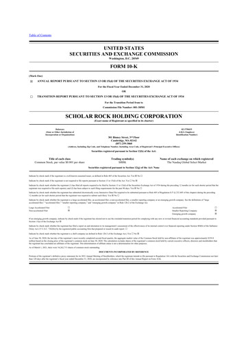 Miniature Scholar Rock Holding 10-K Rapport annuel 2020