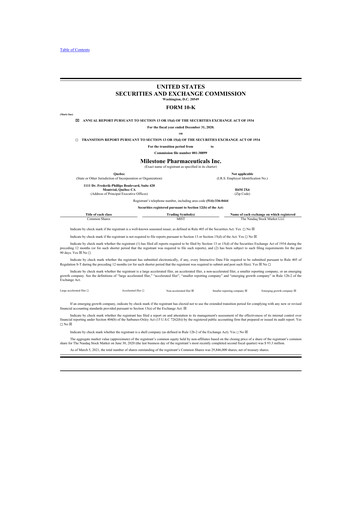 Thumbnail Milestone Pharmaceuticals
 10-K Annual Report 2020