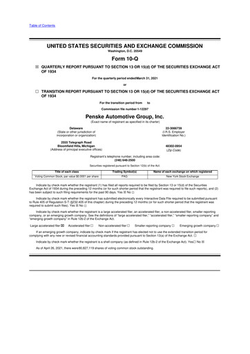 Thumbnail Penske Automotive Group 10-Q Quarterly Report FY2021 