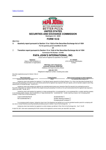 Miniature Papa John's Pizza
 10-Q Rapport trimestriel 2021 