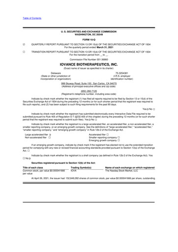 Miniature Iovance Biotherapeutics
 10-Q Rapport trimestriel 2021 