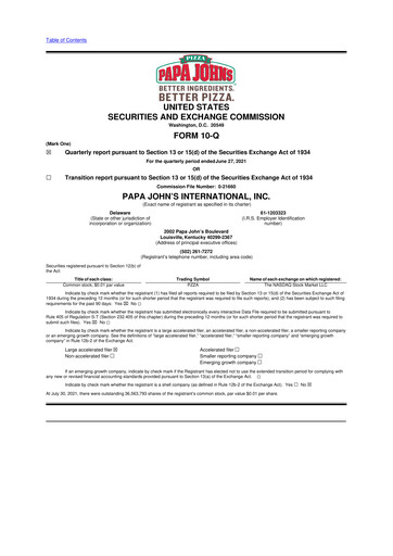 Miniature Papa John's Pizza
 10-Q Rapport trimestriel 2021 