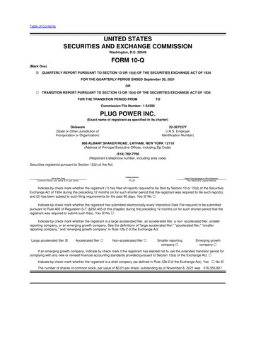 Thumbnail Plug Power 10-Q Quarterly Report FY 