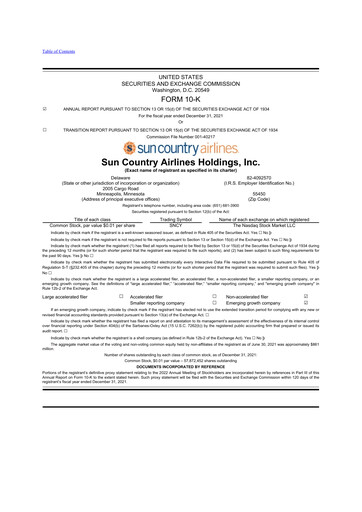 Miniature Sun Country Airlines 10-K Rapport annuel 2021