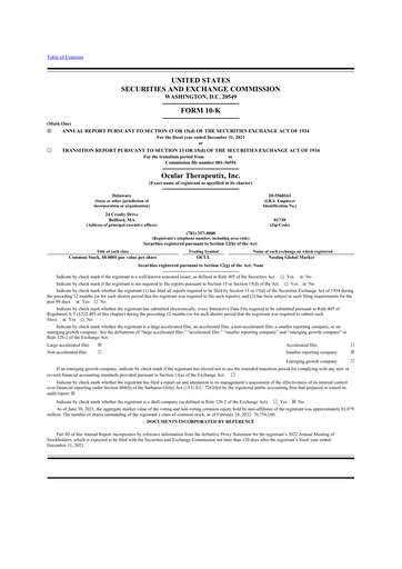 Miniature Ocular Therapeutix 10-K Rapport annuel 2021