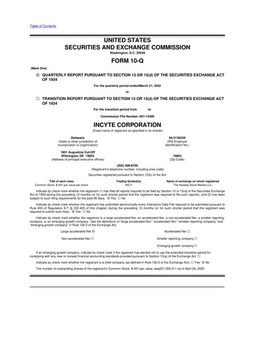 Thumbnail Incyte 10-Q Quarterly Report FY2022 