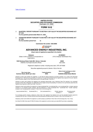 Thumbnail Advanced Energy 10-Q Quarterly Report FY2022 