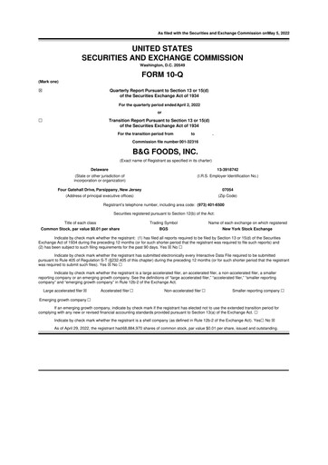 Miniature B&G Foods

 10-Q Rapport trimestriel 2022 