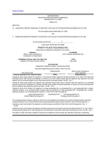 Miniature Trinity Place Holdings
 10-Q Rapport trimestriel 2022 