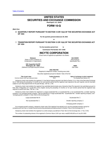 Thumbnail Incyte 10-Q Quarterly Report FY2022 