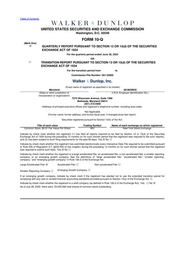 Miniature Walker & Dunlop

 10-Q Rapport trimestriel 2022 