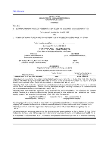 Miniature Trinity Place Holdings
 10-Q Rapport trimestriel 2022 