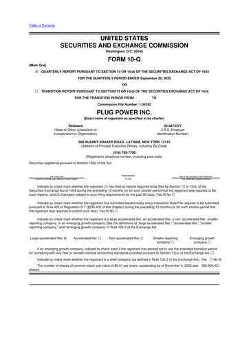 Thumbnail Plug Power 10-Q Quarterly Report FY 