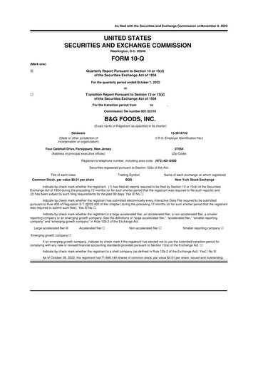 Miniature B&G Foods

 10-Q Rapport trimestriel 2022 