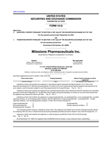 Vorschaubild Milestone Pharmaceuticals
 10-Q Quartalsbericht 2022 