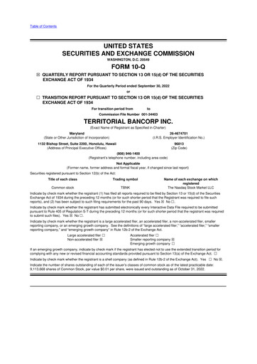 Thumbnail Territorial Bancorp
 10-Q Quarterly Report FY 