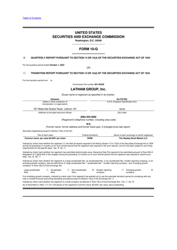 Thumbnail Latham Group 10-Q Quarterly Report FY2022 