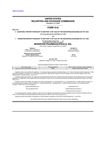 Miniature Ironwood Pharmaceuticals
 10-Q Rapport trimestriel 2023 